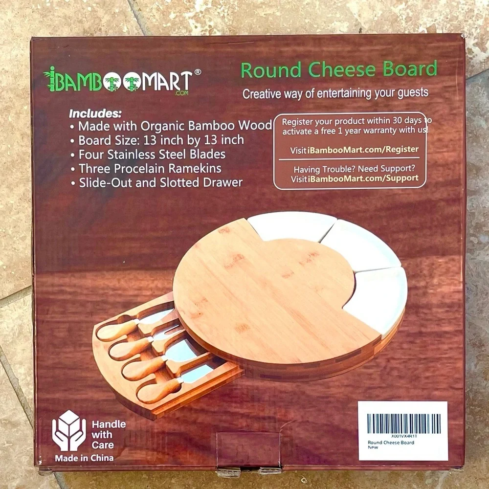 BAMBOO Round Cheese Board w/ Serving Utensils!